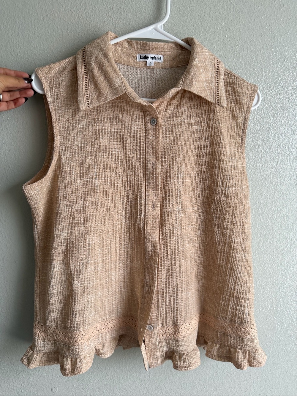 kathy ireland Sleeveless Crochet-Trim Ruffled Tunic Top in Beige